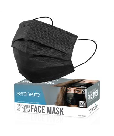 SereneLife 50 Count Disposable Face Masks | Breathable 3-Ply Layers | Made from Non-Woven Fabric | Comfortable Earloops | Daily Use & Personal Care | Easy to Use & Disposable | For Adults (Black) 50 Count (Pack of 1) Black