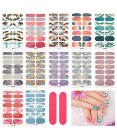 JSRQT 12 Sheets Marble Full Wraps Self Adhesive Nail Stickers 168 Pieces Nail Polish Stickers Set with 2 Nail Files DIY Nail Art Stencil Full Nail Decals Stickers for Women Girls Manicure