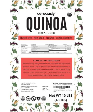 CEREAUSLY Organic Red Quinoa 10 Lb Bulk - Bolivian Royal, NON-GMO, Kosher, Gluten-Free, Vegan - Ideal for Restaurants and Wholesale - Buy Online on SooperMarket.com