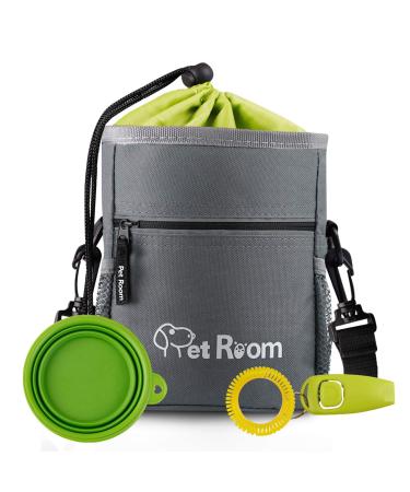 Dog Treat Pouch Bag Dog Walking Bag With Poop Bag Holder Dog Training Clicker Collapsible Silicon Dog Water Bowl Adjustable Belt and Shoulder Strap Gray with Green
