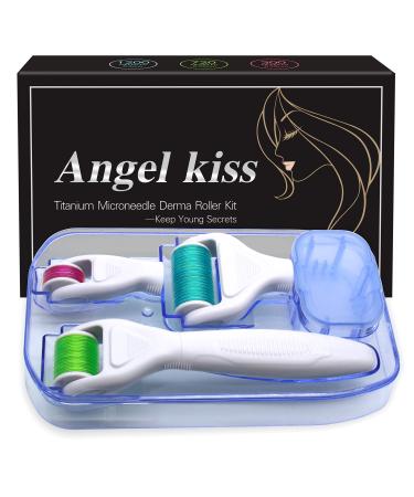 Derma Roller for Face and Body - Angel Kiss 4 in 1 Titanium Microneedling Roller Kit Micro Needle Dermaroller Skin Care Tool, 300/720 Needles 0.25mm,1200 Needle 0.3mm, Gifts for Women
