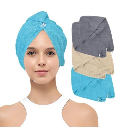 Emmy Home Hair Turban Set - 100% Cotton Quick-Drying Towel for Long Hair - 2 Piece Blue Turban with Button - Buy Online on SooperMarket.com
