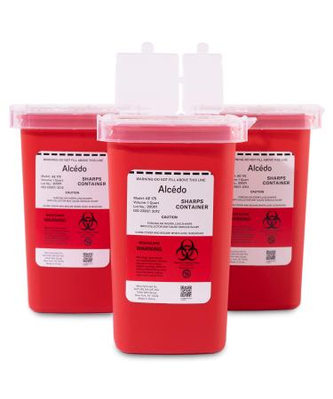 Alcedo Sharps Container for Home Use and Professional 1 Quart (3-Pack) | Biohazard Needle and Syringe Disposal | Small Portable Container for Travel