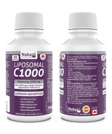 Naka Platinum LIPOSOMAL C1000 Non-Allergen High Potency Vitamin C (Sodium Ascorbate) 1000 mg per 5ml teaspoon - BONUS SIZE 250 ml (200+50 Free) 50 servings. 250 ml (Pack of 1)