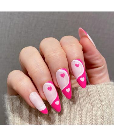 NOVO OVO Medium Long Oval Stiletto Pale Hot Pink French Tip Yinyang Heart False Press on Nails - LOVE CYCLE Glossy Acrylic Kit - Buy Online on SooperMarket.com