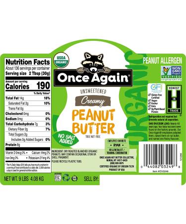 Once Again Organic Creamy Peanut Butter 9lbs - Salt Free, Unsweetened, Gluten Free, Vegan, USDA Certified - Buy Online on SooperMarket.com