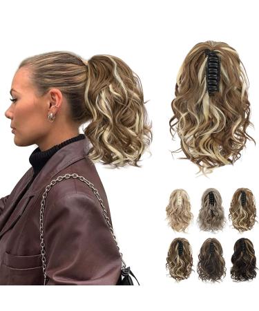 REECHO Ponytail Extension Claw Clip in Ponytail Hair Extensions 10 Inch Short Curly Ponytail Natural Wavy Synthetic Hairpiece for Women Ash Brown with Platium Highlights 10 Inch Ash Brown with Platium Highlights