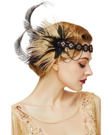 BABEYOND 1920s Sequined Showgirl Headpiece Feather Headband Flapper Gatsby Hair Accessories Black Gold