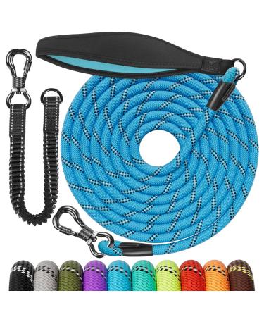 Aystkniet Schleppline 20m for large dogs up to 80 kgs reflective running leash with bungee leash lockable hook and padded handle robust leash for dogs walking at day and night 20m 8mm blue