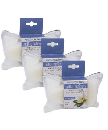 Spongeables Skinutrients AntiCellulite Body Wash in a Sponge Vanilla Bean Scent Spa Cellulite Massager Moisturizer and Exfoliator 20+ washes 4 Ounce Sponge, White, 3 Count