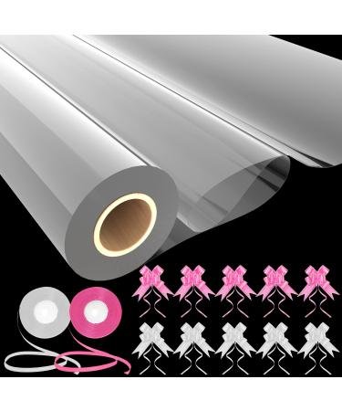 31.5 inch x 100 ft Clear Cellophane Wrap Roll for Gift Baskets with 10 Large Pull Bows and 2 Ribbons -Florist Cellophane Wrap Roll used for Christmas Crafts, Gifts, Flower Bouquet, Wicker Basket, Halloween Sweets 31.5in Wide x 100ft Long (Clear Transparen