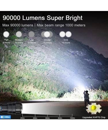 BengMxj Rechargeable LED Flashlight | 90000 Lumens XHP70 Tactical Flashlight with Zoom | 5 Modes | Waterproof for Emergencies, Camping, Hiking - Buy Online on SooperMarket.com