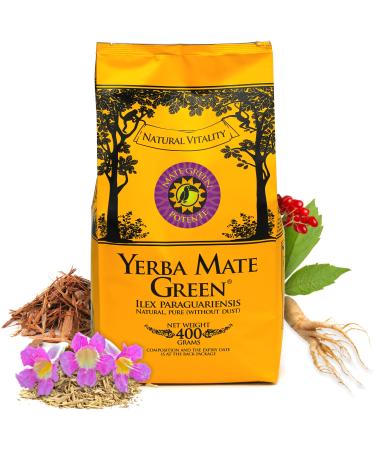 Yerba Mate Green 'Potente' 400g |Brazilian mate tea with Catuaba bark Siberian ginseng root lapacho bark and Muira Puama |Natural ingredients |Loose green mate leaves Potente 400 g (1 Pack)