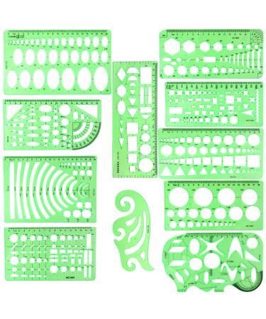 11PCS Geometric Drawings Templates, Drafting Stencils Measuring Tools, BetyBedy Plastic Clear Green Ruler Shapes with a Zipper Bags for Architecture, Office, Studying, Designing and Building