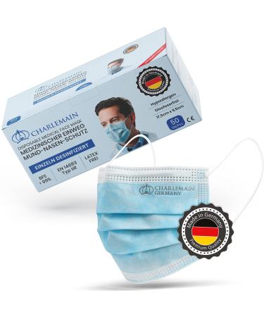 Charlemain 50x op masks made in Germany EN 14683 Type IIR medical mouth-nose protection BFE 99.9% 3-layer latex-free MNS one-way face masks-blue 1 piece (50 pack)