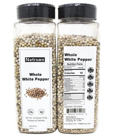 Natruen Whole White Peppercorn 18oz - Premium Grinder Refill | All Natural, Non-GMO, Vegan, Gluten Free | Kosher & Halal Compliant - Buy Online on SooperMarket.com