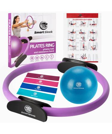 SmartSleek Pilates Ring Circle, 14 inch Magic Circle Pilates Ring with 4 Resistant Bands - Padded Pilates Magic Circle with Ball -Yoga and Fitness Ring for Toning Thighs Purple