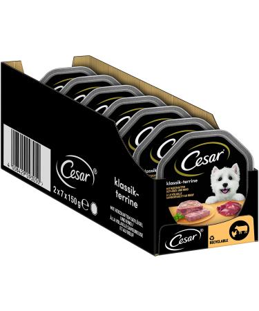 Cesar adult dog water feed classic terrine with hearty poultry and beef 14 bowls 14x150g-premium dog food wet without added sugar artificial aroma-or dye classic poultry & beef 150 g (14 Pack)
