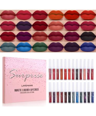 Luxsea Matte Liquid Lipstick Set 24 Colors Shining Lip Gloss Set Waterproof Long Lasting Lip Kit High Pigmented Moisturizing Lipstick Set for Women Girls