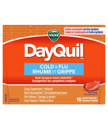 Vicks DayQuil Cold and Flu Medicine Cough Suppressant Nasal Decongestant Pain & Fever Reducer Non-Drowsy Formula 16 Liquid Capsules 16 Count