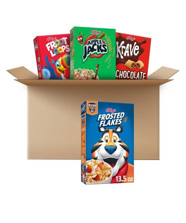 Kellogg's Breakfast Cereal, Variety Pack, Froot Loops 10.1 oz, Frosted Flakes 13.5 oz, Krave 11.4 oz, & Apple Jacks 10.1 oz Boxes