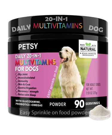 PETSY Dog Vitamins & Supplements 20-in-1 Essential Multivitamins B2 B3 B6 B7 B12 Vit C Folic Acid Biotin Glucosamine Chondroitin Wild Alaskan Salmon oil Hemp Seed oil Probiotics Blend TUB OF POWDER