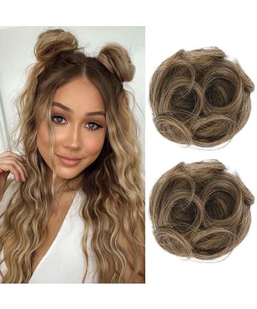 REECHO 2 PCS Mini Claw Clip in Messy & Cat Ears Hair Bun Extensions Wig Accessory Updo Hairpieces for Women Girls (Pack of 2-3.5" Wavy Light Ash Brown with Highlights) Pack of 2 - 3.5" Wavy Light Ash Brown with Highlights