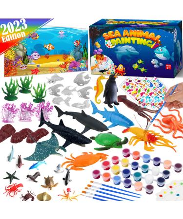 FUNZBO Ocean Sea Animals Paint Set - Paint Your Own Ocean Toys DIY Toddler Activities Art Toy Painting Kit with Paint Supplies Color Brush Set Kids Arts and Crafts Ages 4 5 6 7 8 Years Old Boys Girls Ocean (X-Large)