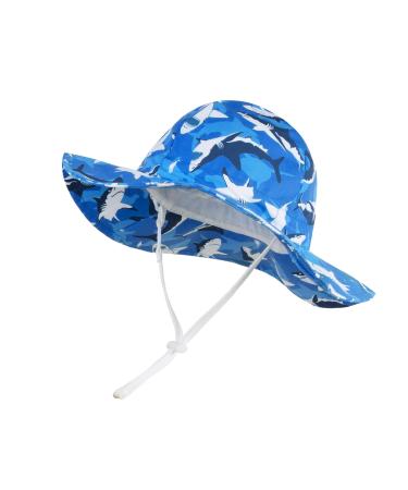 LANGZHEN Beach Sun Protection Hat for Baby Girls Adjustable Toddler Kids Hat Wide Brim Summer Play Hat with Chin Strap Black shark-Blue 6-12 Months