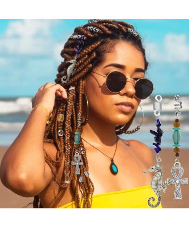RechicGu 62Pcs Handmade Natural Chakra Crystal Dreadlock Jewelry with Metallic Cord - Turquoise Egyptian Cross Lotus Silver - Buy Online on SooperMarket.com