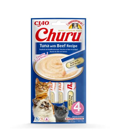 Inaba Churu Puree Katzensnacks - Cat paste to feed from the hand - Cat sticks with tuna & beef - 4 sticks x 14 g tuna & beef 4 pieces (1 Pack)
