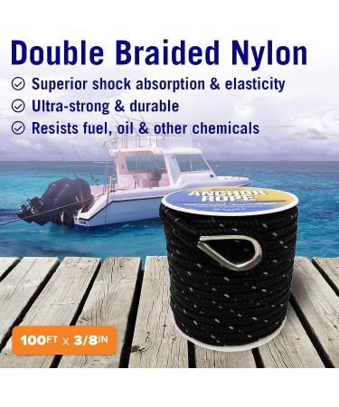 Premium 3/8 Inch Double Braided Boat Anchor Rope - 100 Ft Black Nylon Marine Line Reel for Anchors & Boats - Buy Online on SooperMarket.com