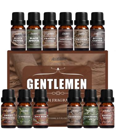 SALUBRITO Essential Oils Set For Men 12x10ml Woody Fragrance Oils For Diffuser Strong Scented Oil For Soap & Candle Making Vetiver Frankincense Sandalwood Cypress Essential Oil And More Wood-12pack