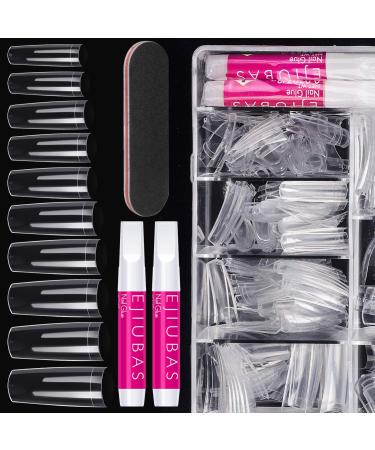 Nail Tips False Nails Kit - Ejiubas 500PCS Clear Nail Tips for Acrylic Nails Fake Nails with Nail Glue 4PCS Nail File With Case for Nail Salons and DIY Nail Art, 10 Sizes A - Coffin Nail Tips Glue Kit Clear