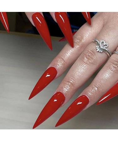 MERVF Stiletto Press on Nails Long Fake Nails All Red Almond Glue on Nails Solid Color Acrylic Nails Press ons Artificial False Nails 24pcs Glossy 6501Red