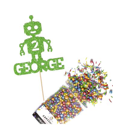 Cakeshop Cake Decoration Pack | Robot Alien Birthday Premium Double Sided Glitter Card Cake Topper & 25g Party Pack of Cake Sugar Sprinkles | Custom Name & Age Cake Decorations (Green) Non-Prime Glitter Card: Green