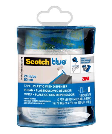 ScotchBlue Pre-Taped Painter's Plastic with Dispenser  Prepares and Protects in One Easy Step  Multi-Surface Painter's Tape and Plastic for Indoor Use  24 Inches x 30 Yards  1 Roll With Dispenser 24 Width