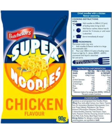 Bachelors Super Noodles Instant Snack Variety Pack: Bacon Chicken BBQ Beef and Curry Flavour 90g Each bundled with Reusable Bamboo Chopsticks - Buy Online on SooperMarket.com