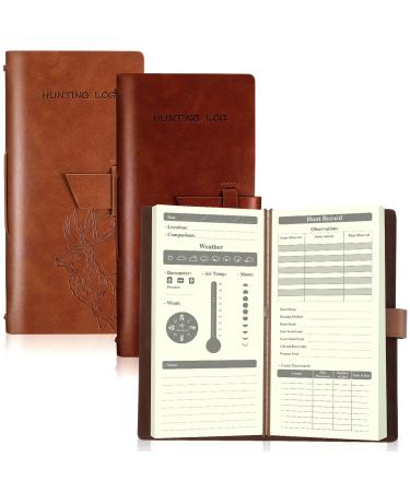 Eaasty 2 Pcs Leather Hunting Log Book Elk Hunting Journal Designed for Huntsman to Record Hunt Details, Reddish Brown and Tan, 96 Pages
