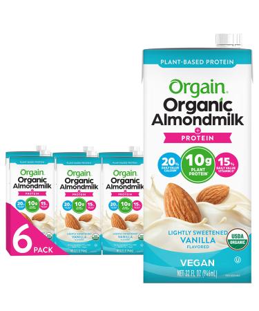Orgain Organic Plant Based Protein Almond Milk Lightly Sweetened - Non Dairy Lactose Free Vegan Plant Based Gluten Free Soy Free Kosher Non-GMO 32 Ounce (Pack of 6)