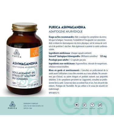 PURICA Ashwagandha with Sensoril - Natural and Organic Stress Relief Supplement Ideal for Men and Women 120 Vegan Capsules - Buy Online on SooperMarket.com