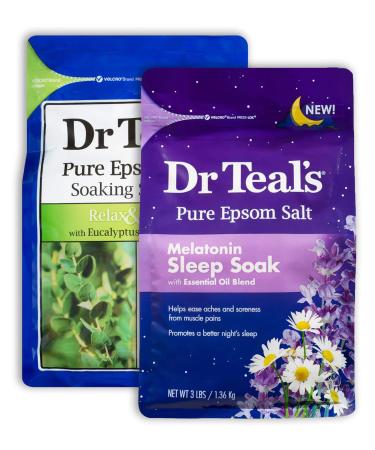 Dr Teal's Salt Bath Variety Gift Set (2 Pack 3lbs Ea.) - Relax & Relief Eucalyptus & Spearmint Melatonin Sleep Soak - Essential Oils Blended with Pure Epsom Salt & Melatonin - Promotes Better Sleep