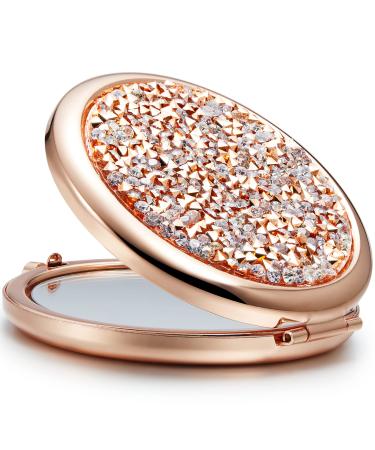 OMIRO Compact Mirror, Mini Mix Diamond 1X/2X Magnifying Round Metal Pocket Makeup Mirror (Rose Gold) Rose Gold, Mix Diamond 1X/2X