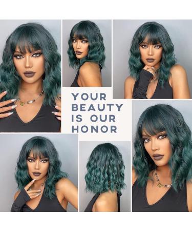 Haircube Short Bob Wig with Bangs - Dark Green Heat-Resistant Synthetic Fiber for Women | Party Cosplay & Daily Wear - Buy Online on SooperMarket.com