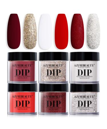 AZUREBEAUTY Dip Powder Nail Set, Red Burgundy Rose Apple Berry Sparkle Snow White Silver Glitter Valentine's Day Gift, 6 Colors Fall Winter Dipping Powder Starter Kit Nail Art Manicure DIY Salon, No Need Nail Lamp Cured