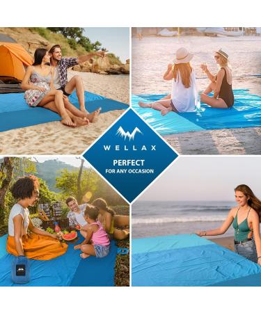 WELLAX Beach Blanket 9x10 Ft - Waterproof, Sandproof, Lightweight Mat for 8 Persons - Quick Drying, Durable, 8 Pockets, 4 Stakes - Great for Picnic, Camping, Travel - Blue - Buy Online on SooperMarket.com