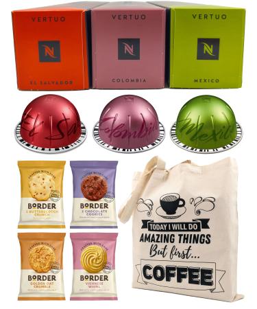 Nespresso Vertuo Coffee Capsules - El Salvador Colombia Mexico - 3 Boxes (30 Pods) Bundled with Border Biscuits Selection & Giftable Tote Bag