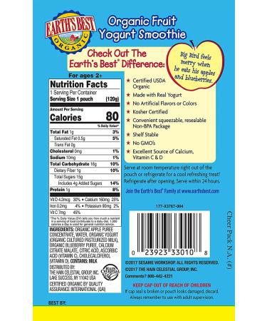 Earth's Best Organic Sesame Street Toddler Fruit Yogurt Smoothie 4.2oz Pouch (Pack of 12) - Apple Blueberry Flavor - Buy Online on SooperMarket.com