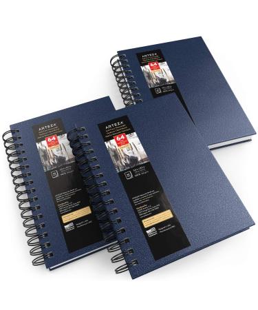 Arteza Watercolor Sketchbooks, 5.5x8.5-inch, 3-Pack, Blue Hardcover Journal, 96 Sheets, 140lb/300gsm Watercolor Paper Pad, Spiral Bound Book for Watercolor, Gouache, Acrylics, Pencils, Wet & Dry Media 5.5x8.5 inch - 3 pack Blue