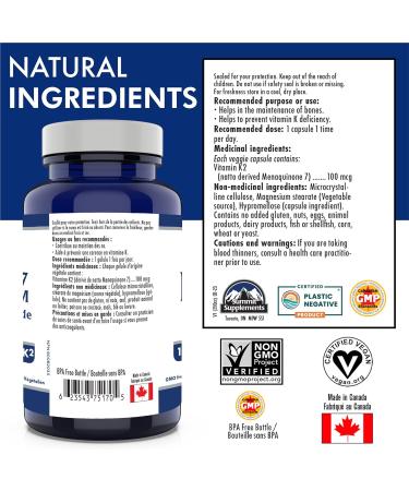 Vitamin K2 MK-7 150 Caps - K2 Vitamin Supplement MK-7 Vitamin K-2 100 mcg - Heart Health - Cardiovascular Health - Blood Clotting -3rd Party Tested - Formulated & Made in Canada 150 count (Pack of 1) - Buy Online on SooperMarket.com